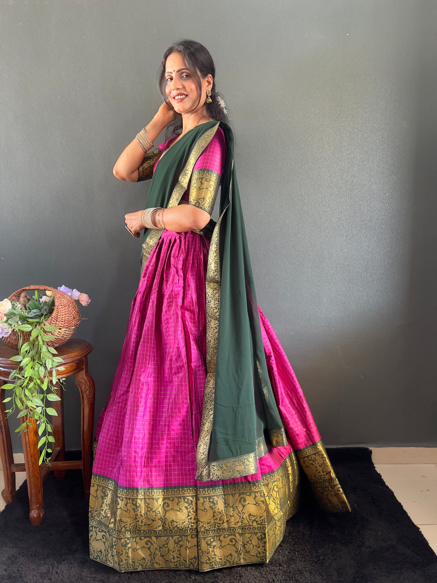 Trendy Pink and Black Cotton Lehenga With Unstiched Blouse And Contrast Dupatta