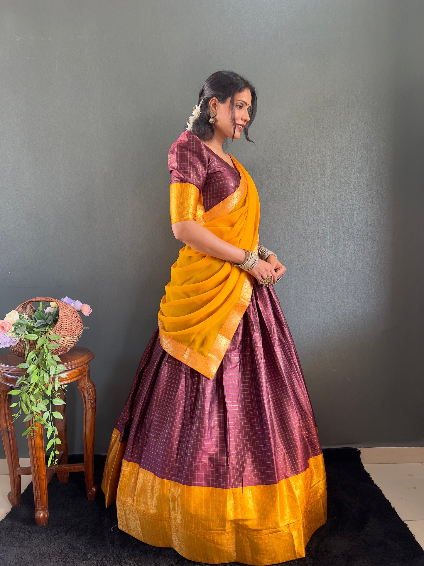 Trendy Maroon and Yellow Cotton Lehenga With Unstiched Blouse And Contrast Dupatta