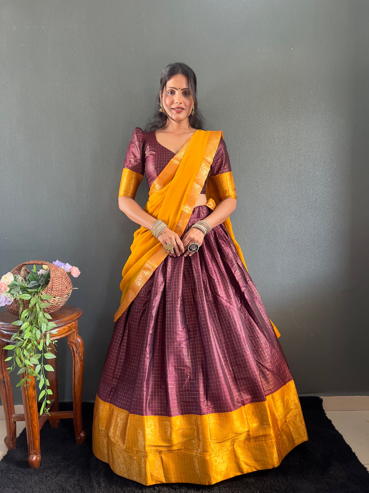 Trendy Maroon and Yellow Cotton Lehenga With Unstiched Blouse And Contrast Dupatta