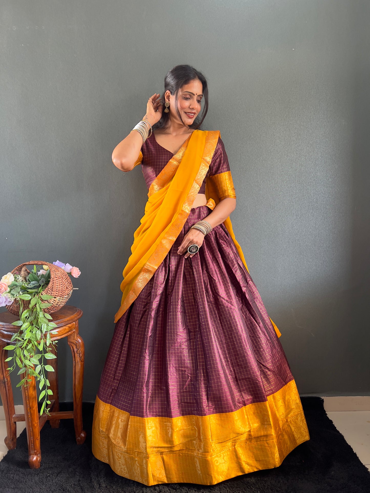 Trendy Maroon and Yellow Cotton Lehenga With Unstiched Blouse And Contrast Dupatta