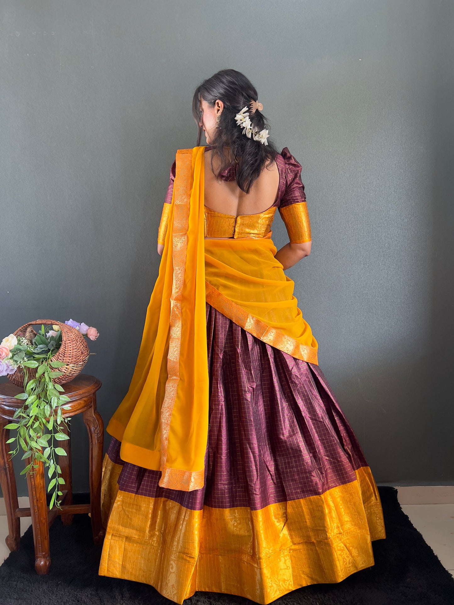 Trendy Maroon and Yellow Cotton Lehenga With Unstiched Blouse And Contrast Dupatta