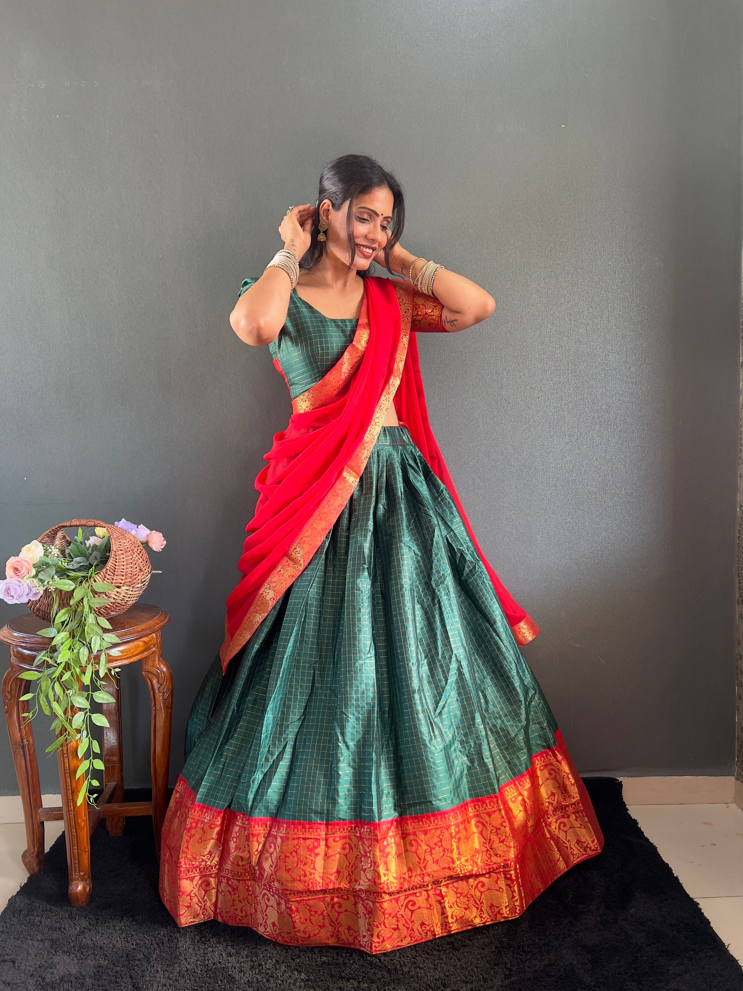 Trendy Green and Red Cotton Lehenga With Unstiched Blouse And Contrast Dupatta