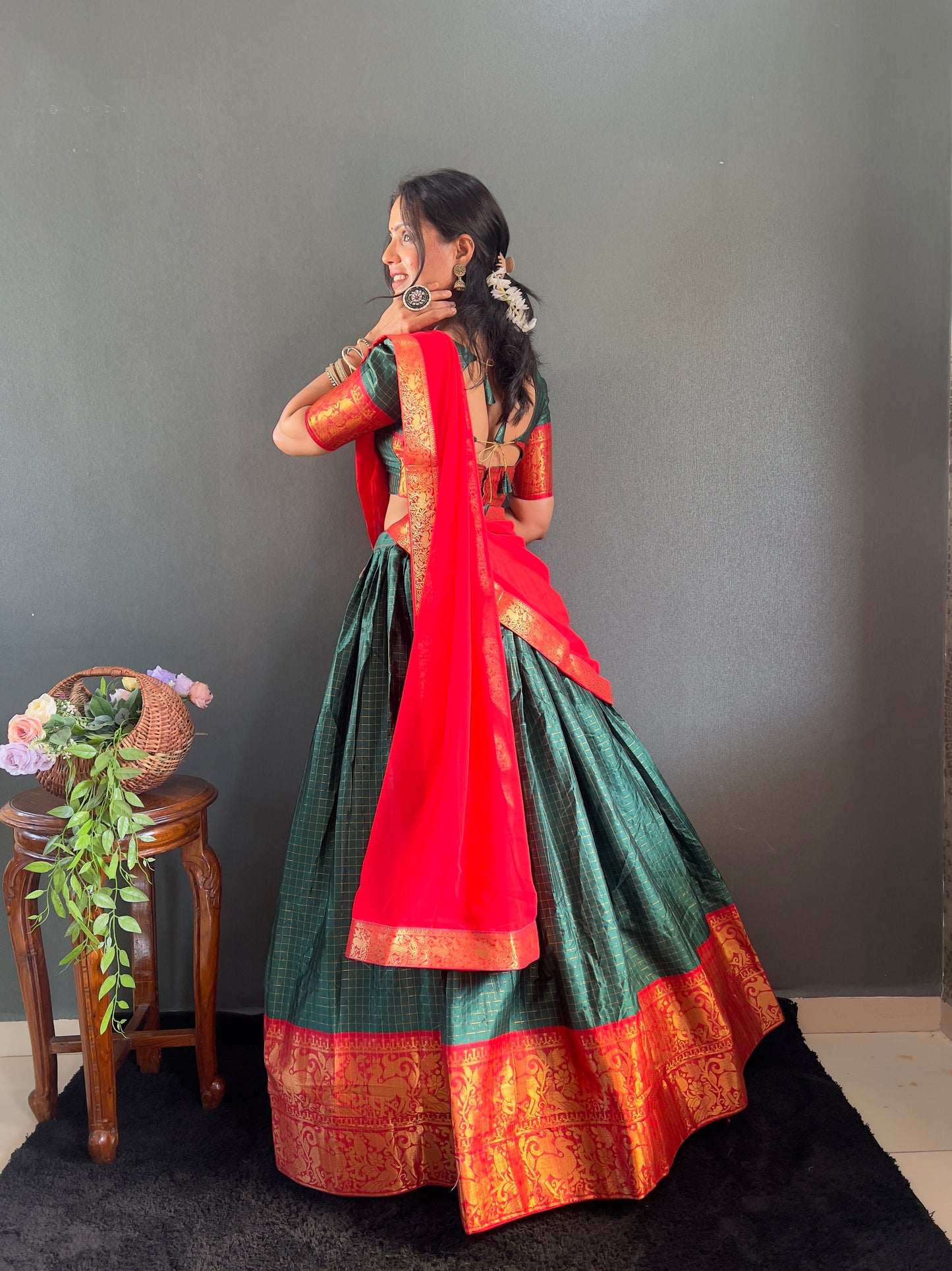 Trendy Green and Red Cotton Lehenga With Unstiched Blouse And Contrast Dupatta
