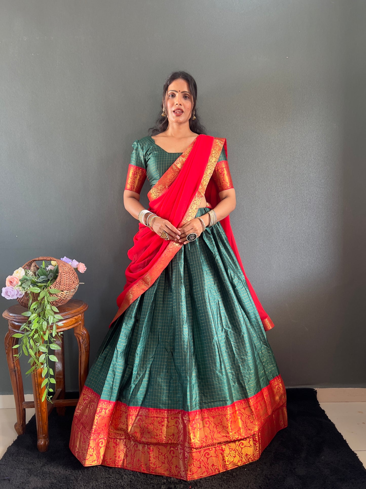 Trendy Green and Red Cotton Lehenga With Unstiched Blouse And Contrast Dupatta