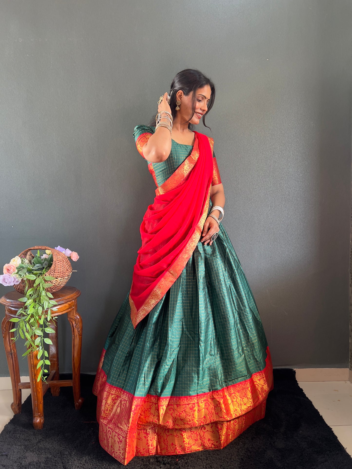 Trendy Green and Red Cotton Lehenga With Unstiched Blouse And Contrast Dupatta