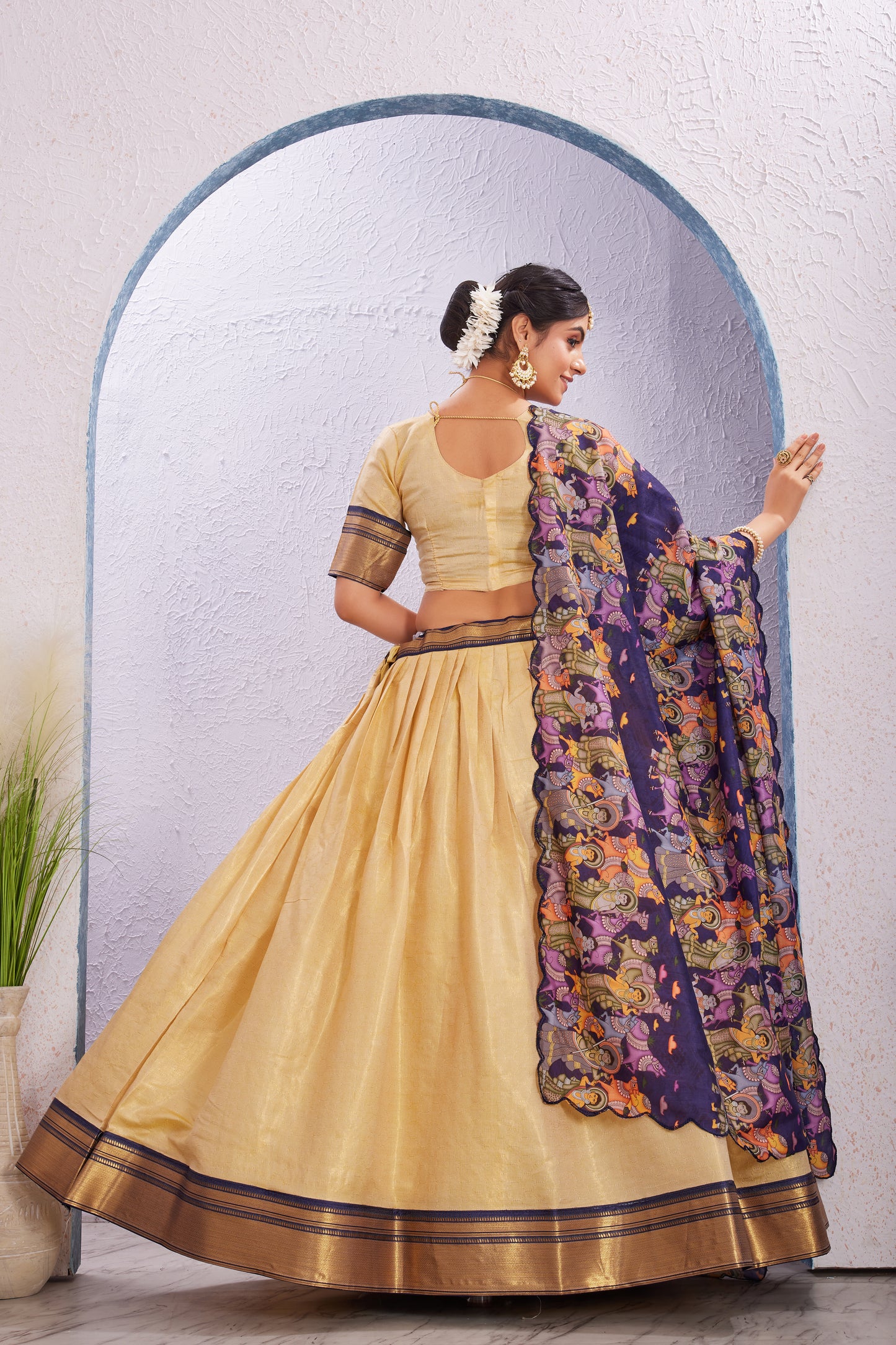 Cotton Silk Lehenga with Unstitched Blouse and Kalamkari Cut Border Dupatta