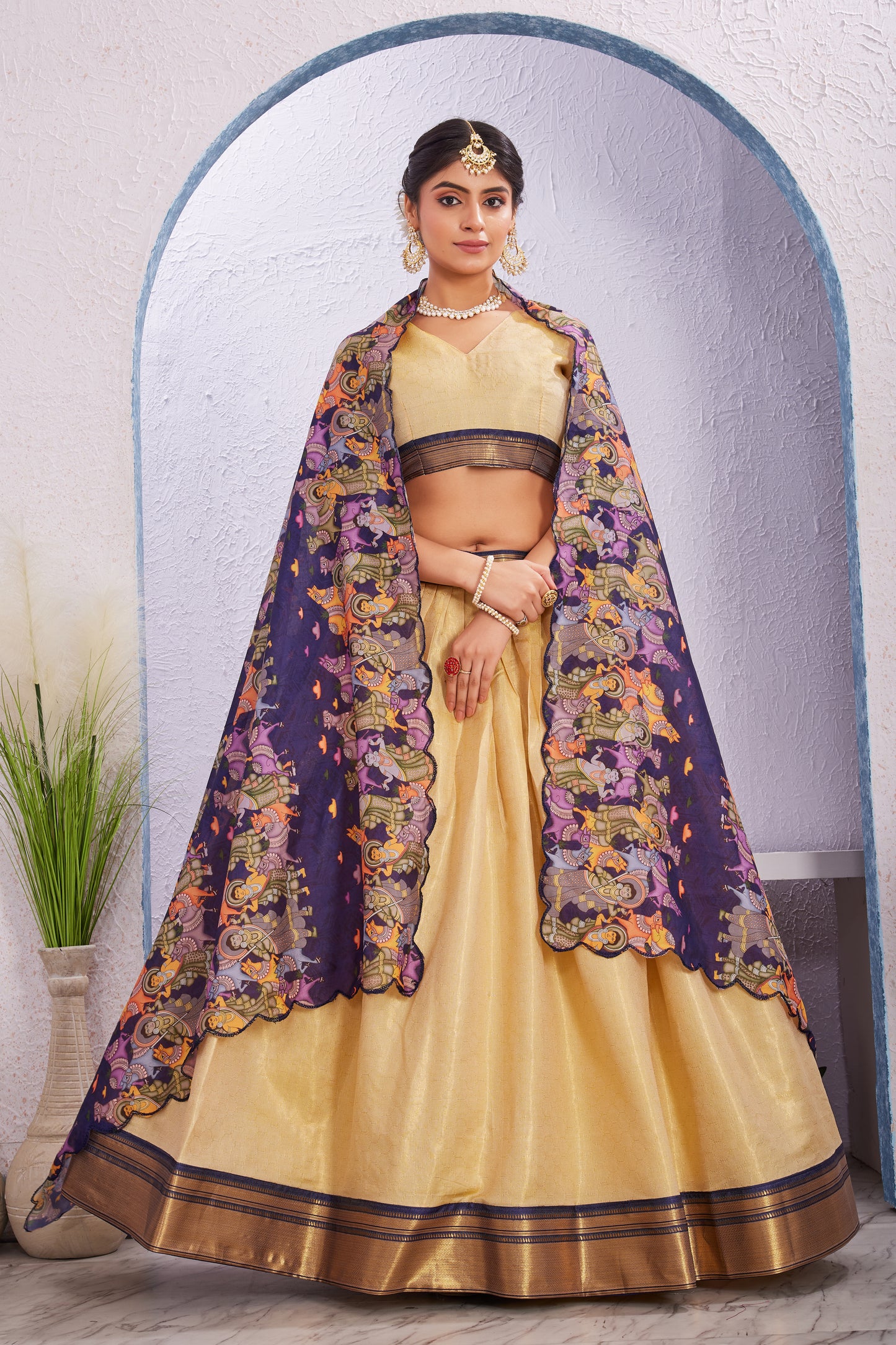 Cotton Silk Lehenga with Unstitched Blouse and Kalamkari Cut Border Dupatta