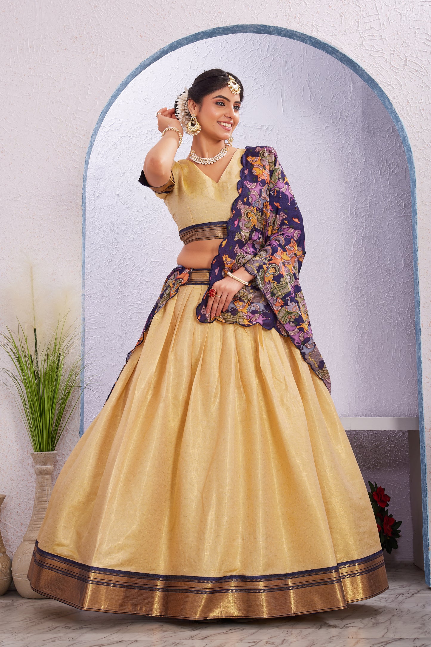 Cotton Silk Lehenga with Unstitched Blouse and Kalamkari Cut Border Dupatta