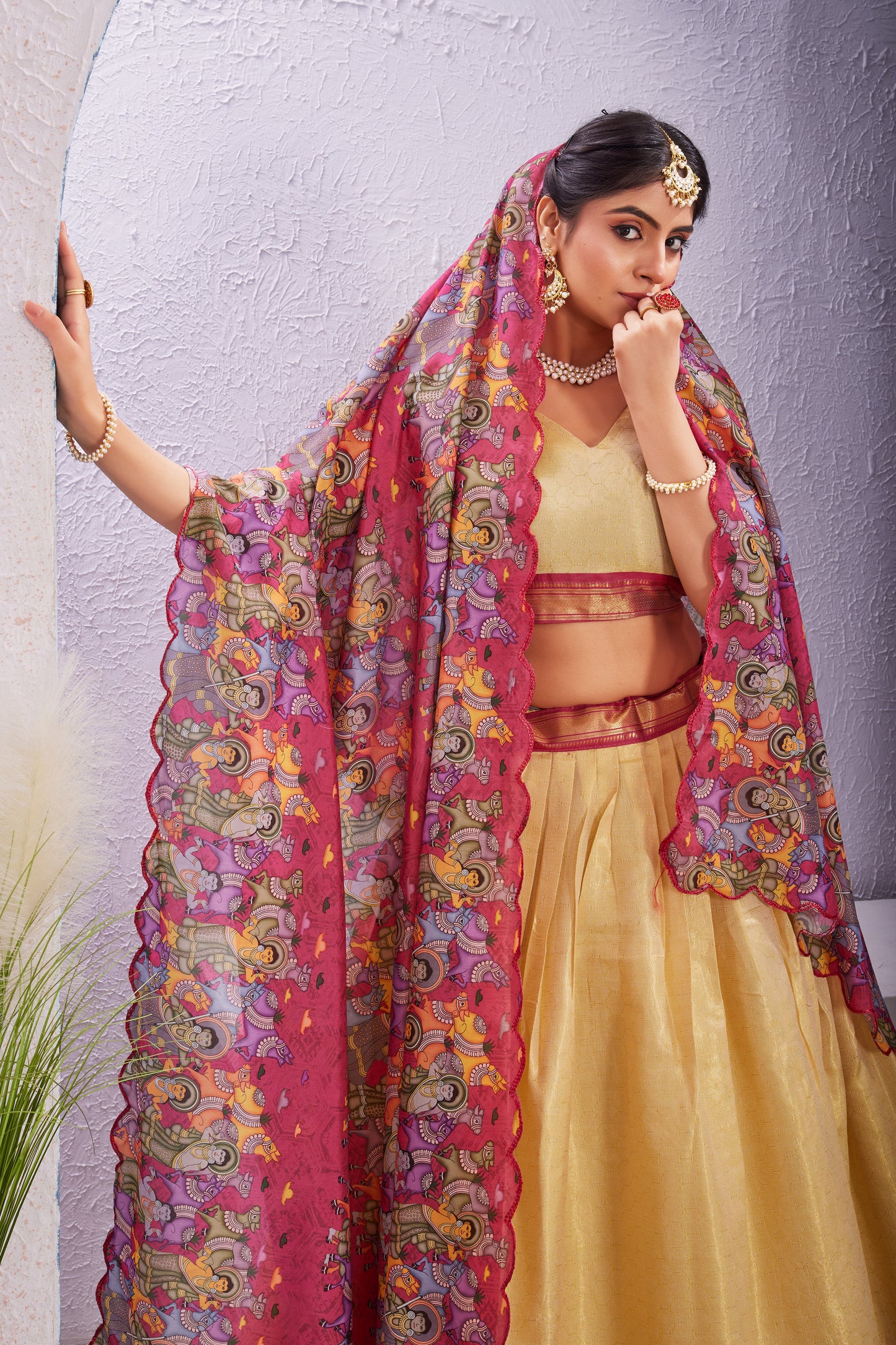 Cotton Silk Lehenga with Unstitched Blouse and Kalamkari Cut Border Dupatta