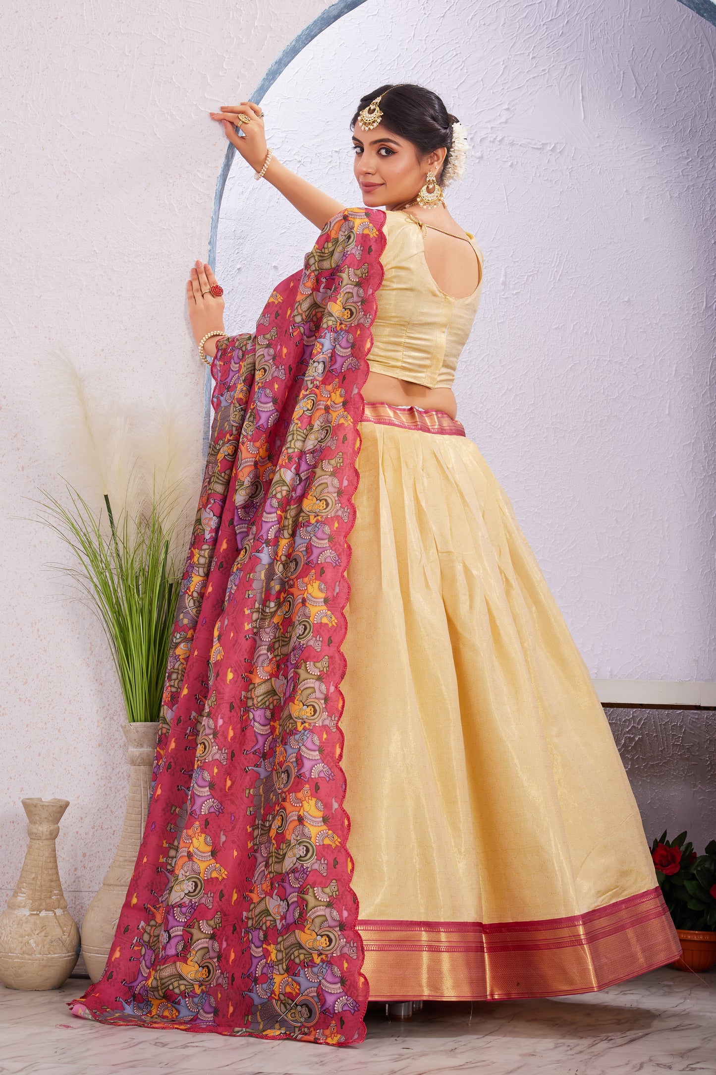 Cotton Silk Lehenga with Unstitched Blouse and Kalamkari Cut Border Dupatta