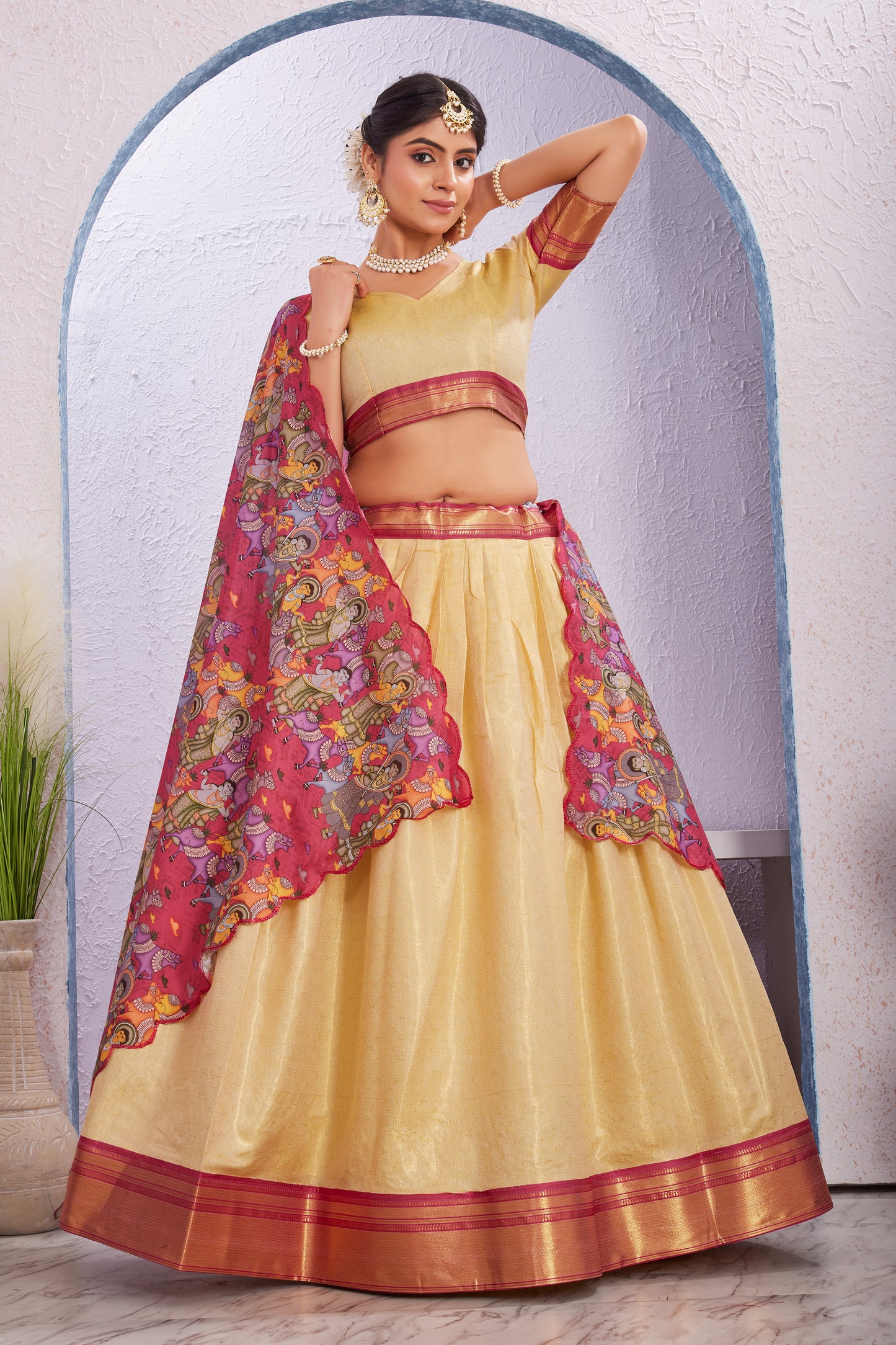 Cotton Silk Lehenga with Unstitched Blouse and Kalamkari Cut Border Dupatta