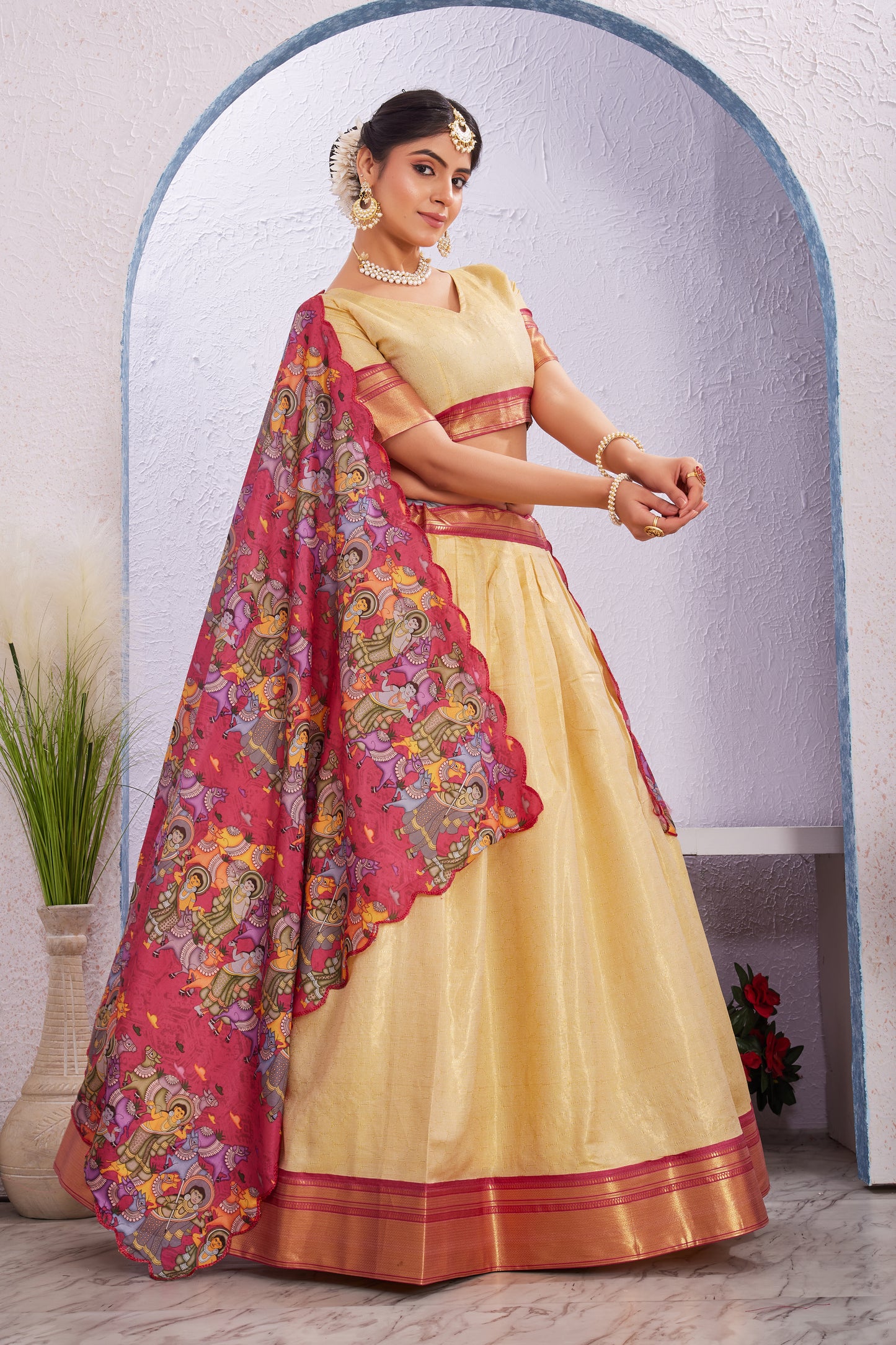 Cotton Silk Lehenga with Unstitched Blouse and Kalamkari Cut Border Dupatta