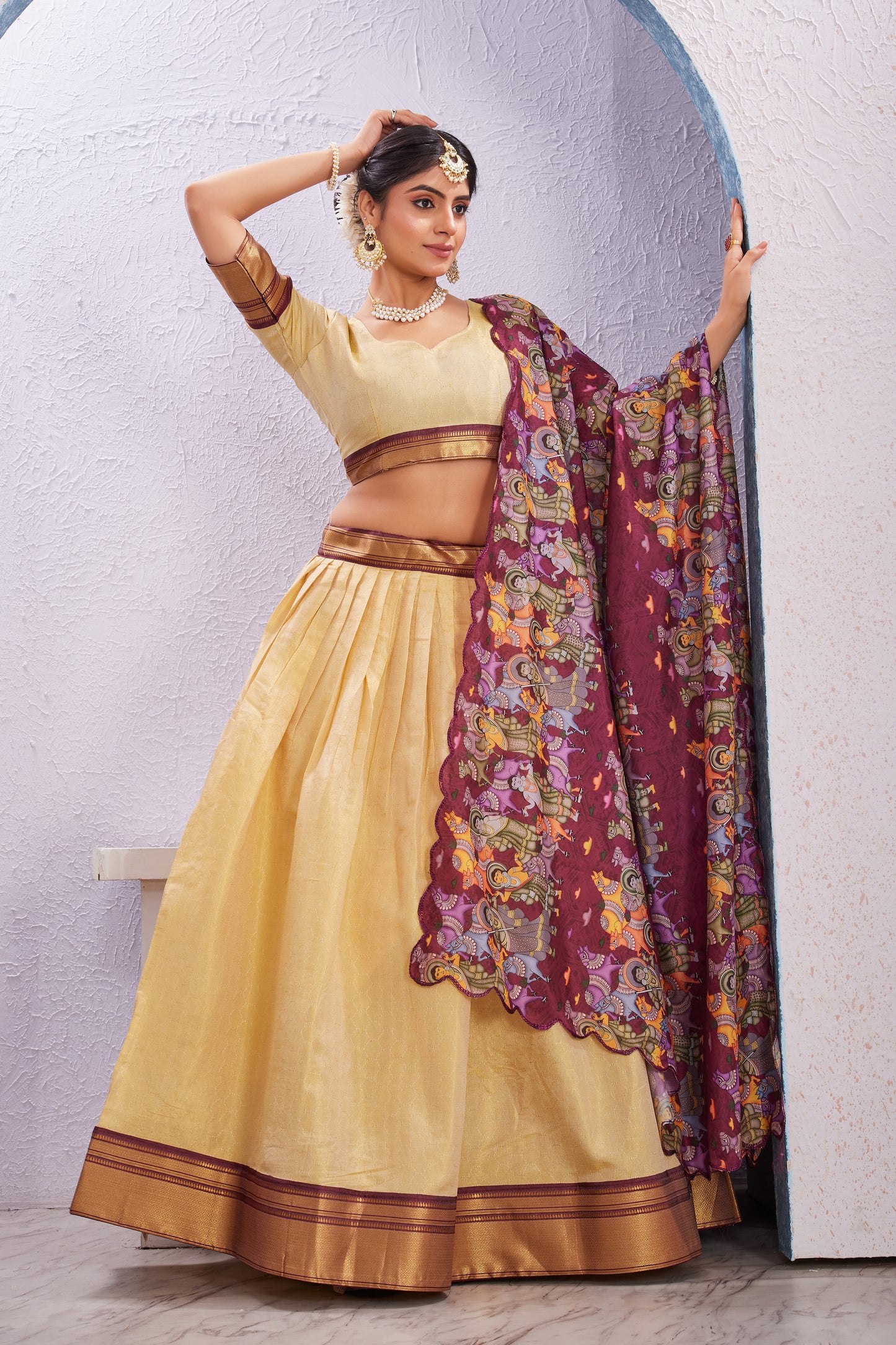 Cotton Silk Lehenga with Unstitched Blouse and Kalamkari Cut Border Dupatta