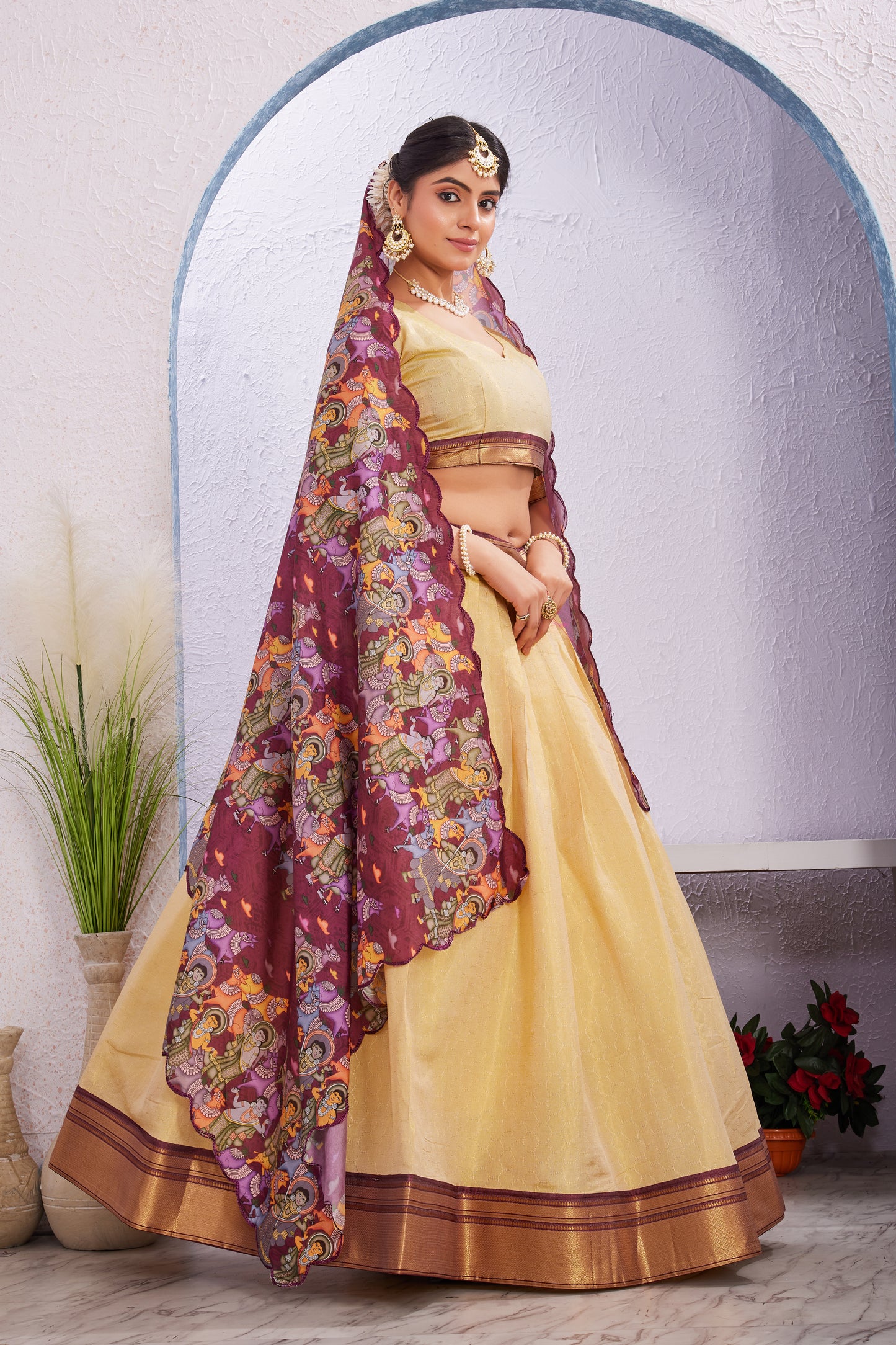 Cotton Silk Lehenga with Unstitched Blouse and Kalamkari Cut Border Dupatta