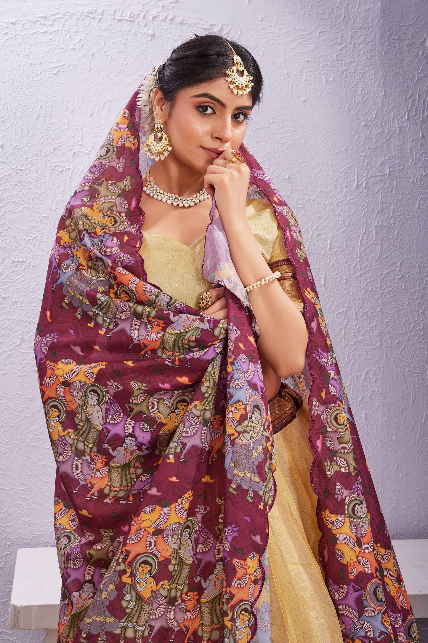 Cotton Silk Lehenga with Unstitched Blouse and Kalamkari Cut Border Dupatta