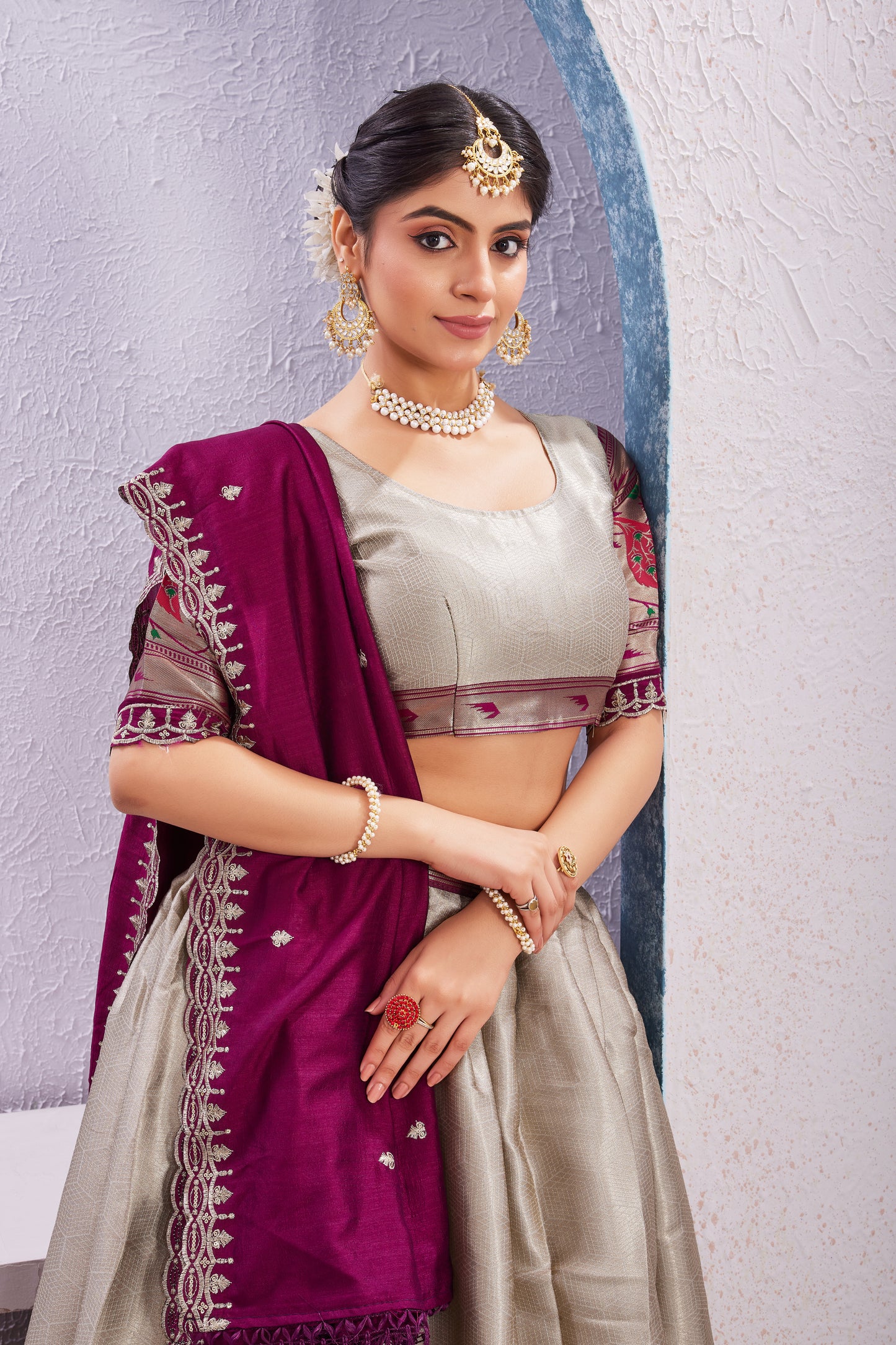 Attractive Borad Work Jacquard Silk Lehenga with Unstitched Blouse Cut Border Dupatta