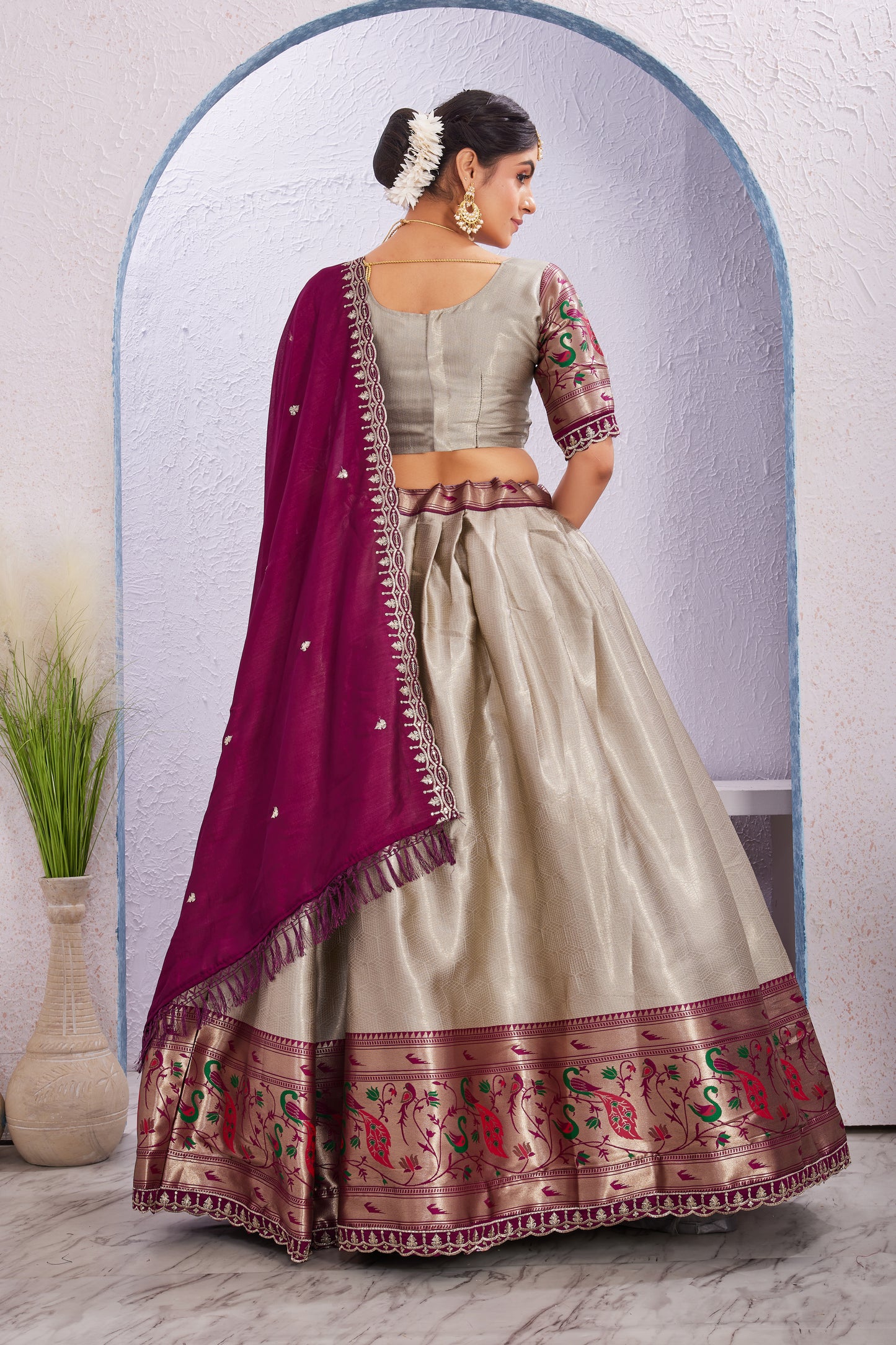 Attractive Borad Work Jacquard Silk Lehenga with Unstitched Blouse Cut Border Dupatta