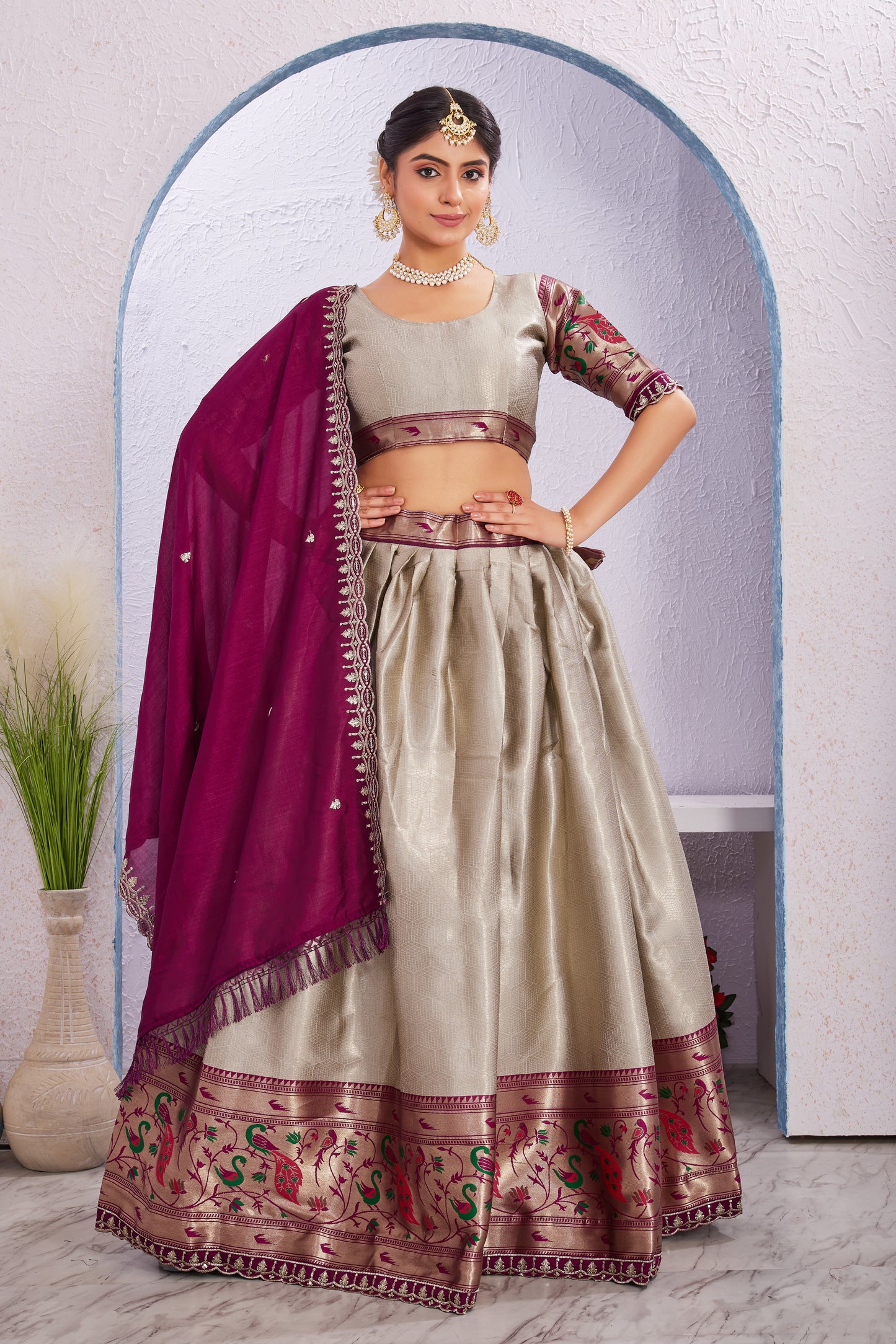 Attractive Borad Work Jacquard Silk Lehenga with Unstitched Blouse Cut Border Dupatta