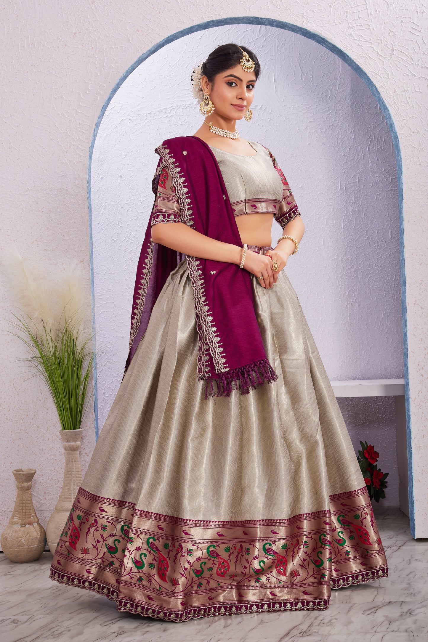 Attractive Borad Work Jacquard Silk Lehenga with Unstitched Blouse Cut Border Dupatta