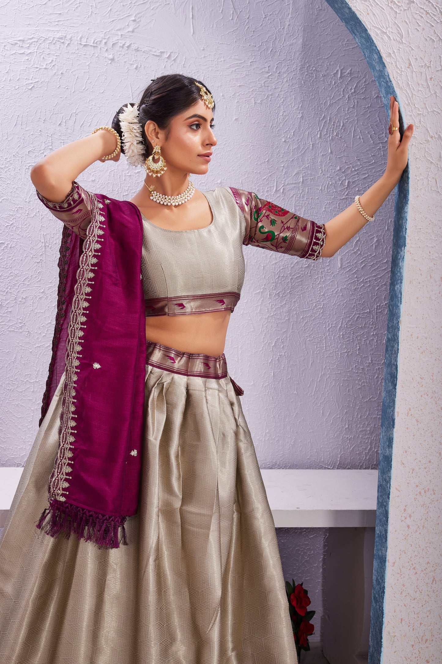 Attractive Borad Work Jacquard Silk Lehenga with Unstitched Blouse Cut Border Dupatta