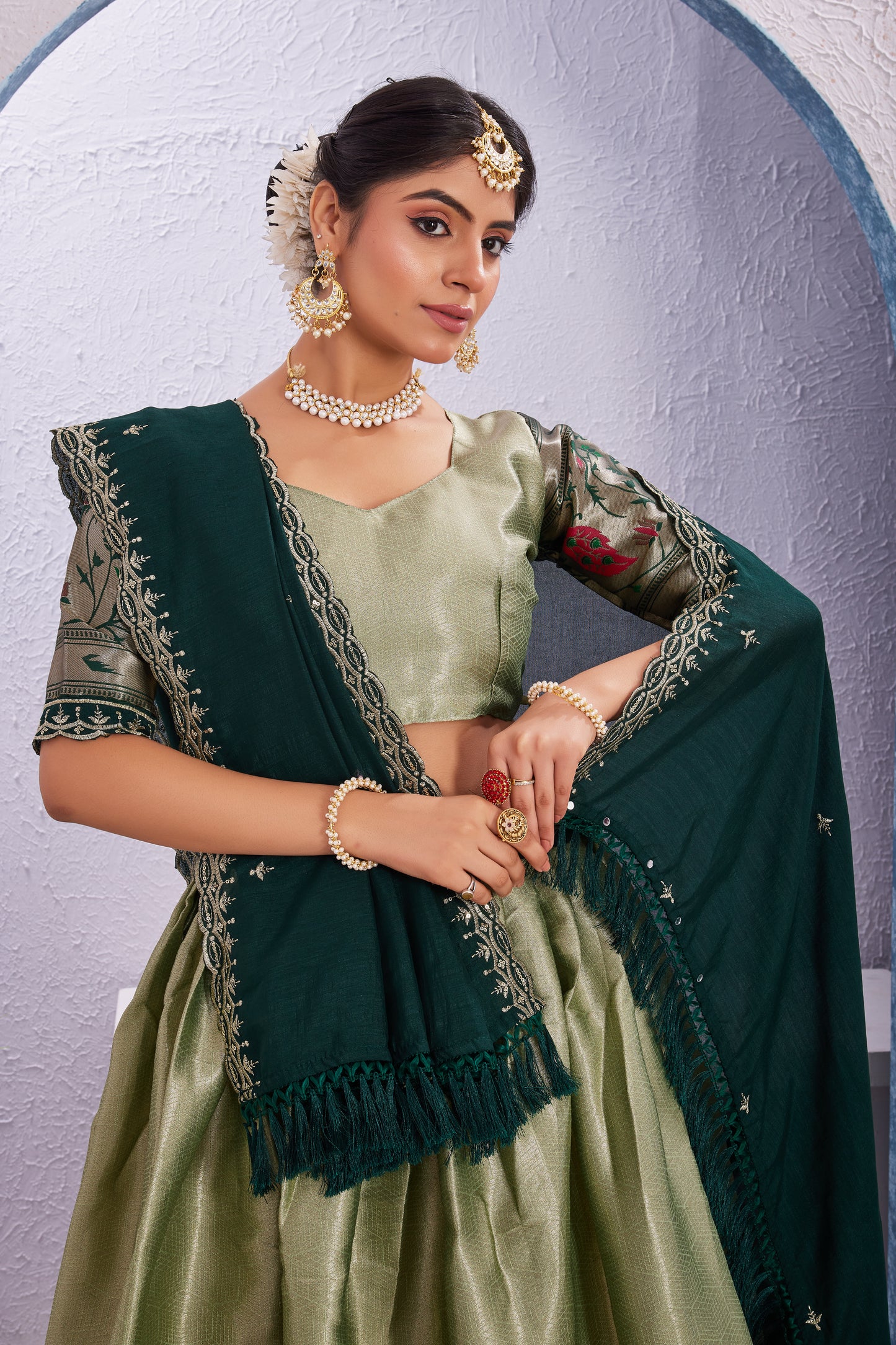 Attractive Borad Work Jacquard Silk Lehenga with Unstitched Blouse Cut Border Dupatta