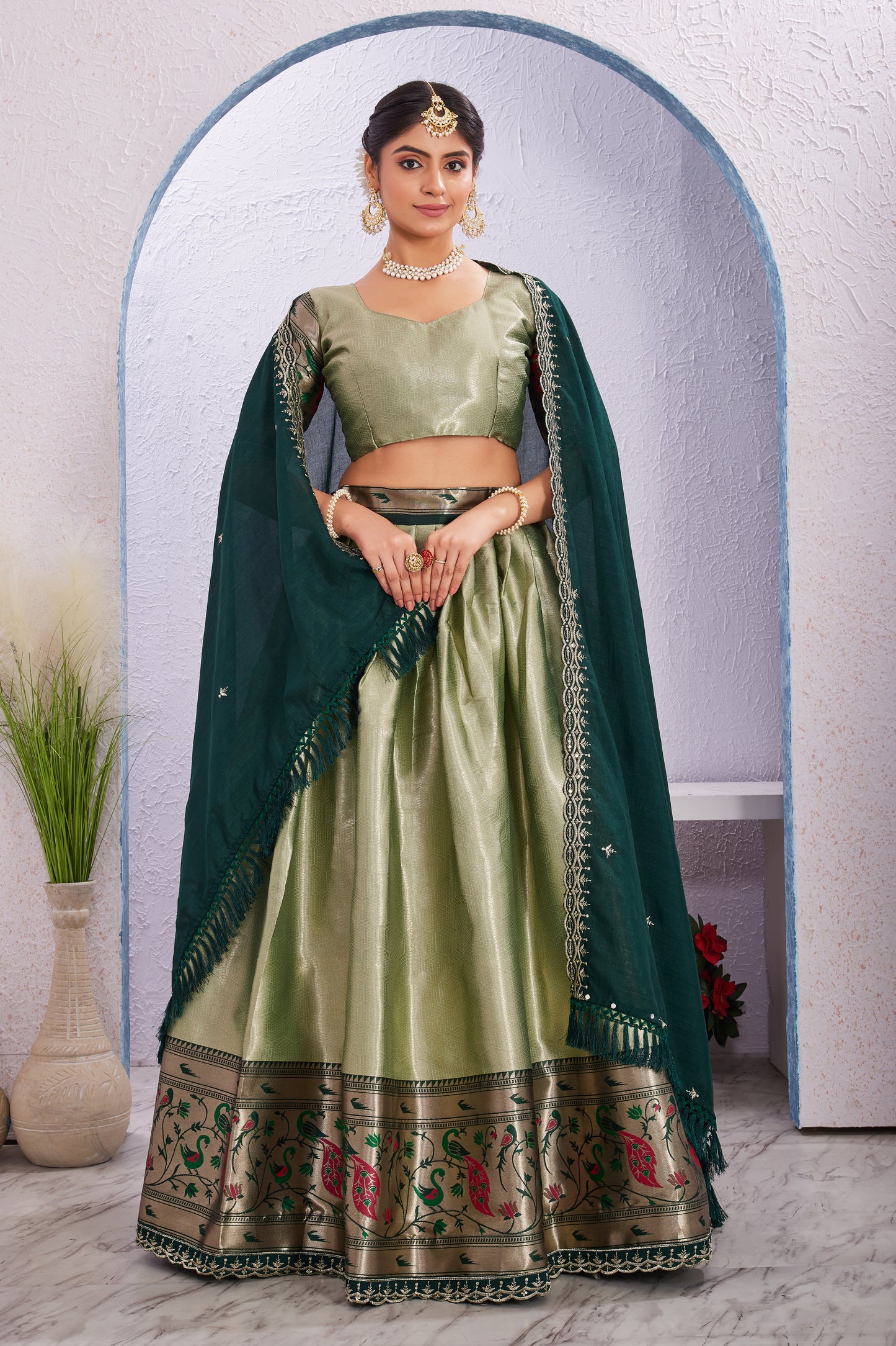 Attractive Borad Work Jacquard Silk Lehenga with Unstitched Blouse Cut Border Dupatta