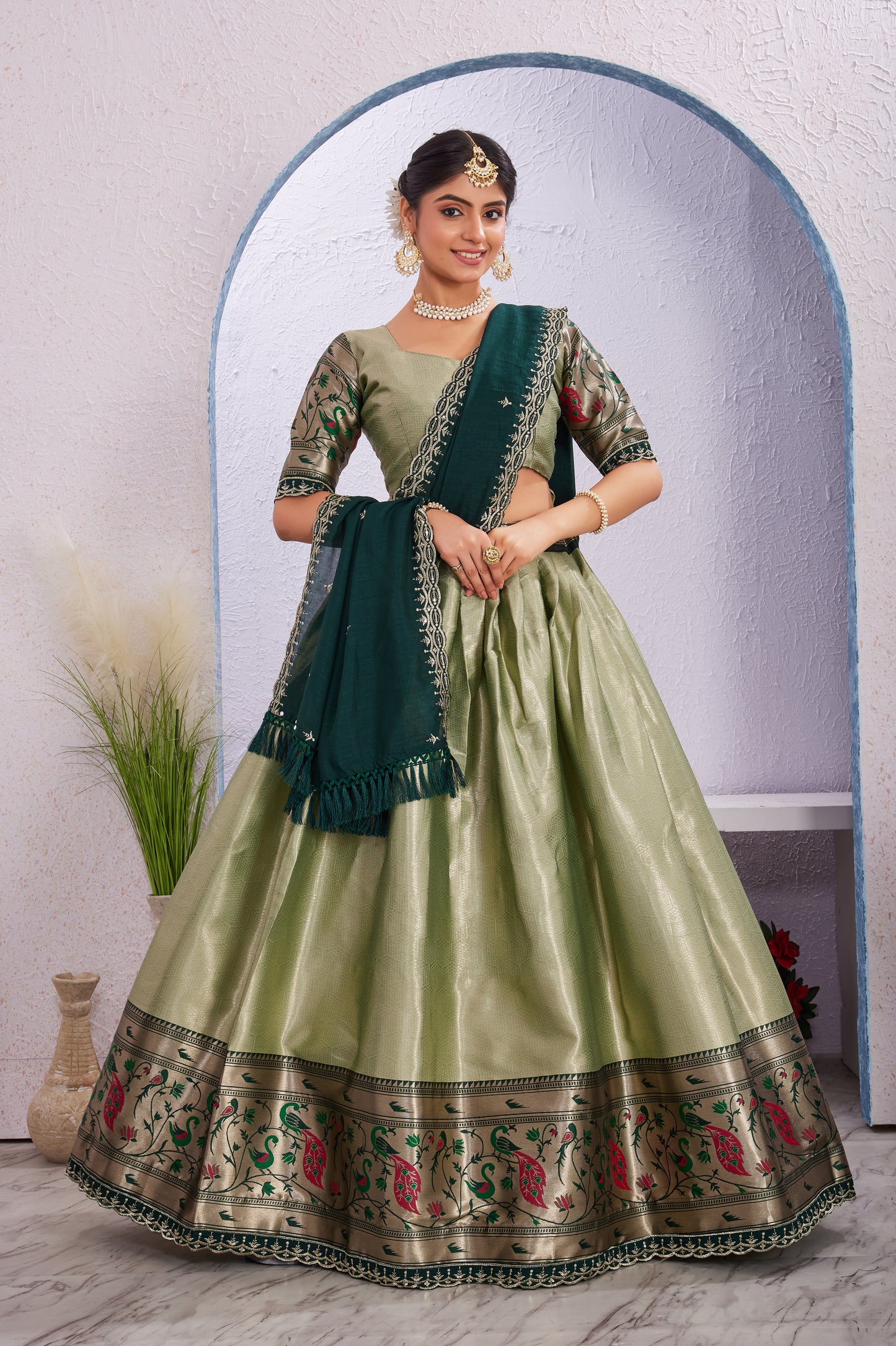 Attractive Borad Work Jacquard Silk Lehenga with Unstitched Blouse Cut Border Dupatta