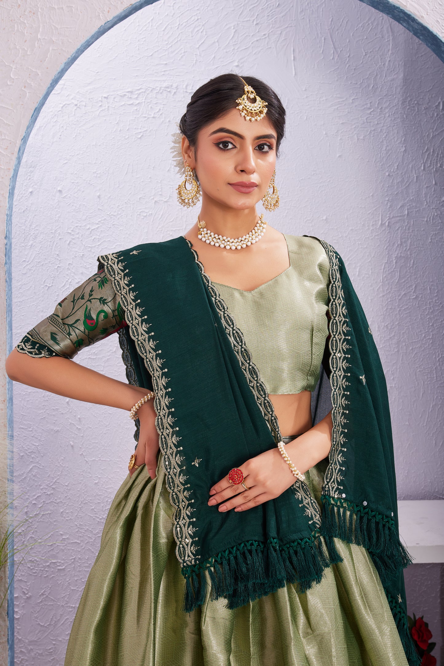 Attractive Borad Work Jacquard Silk Lehenga with Unstitched Blouse Cut Border Dupatta