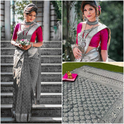 Runglory Grey Banarasi Saree with Pink Blouse