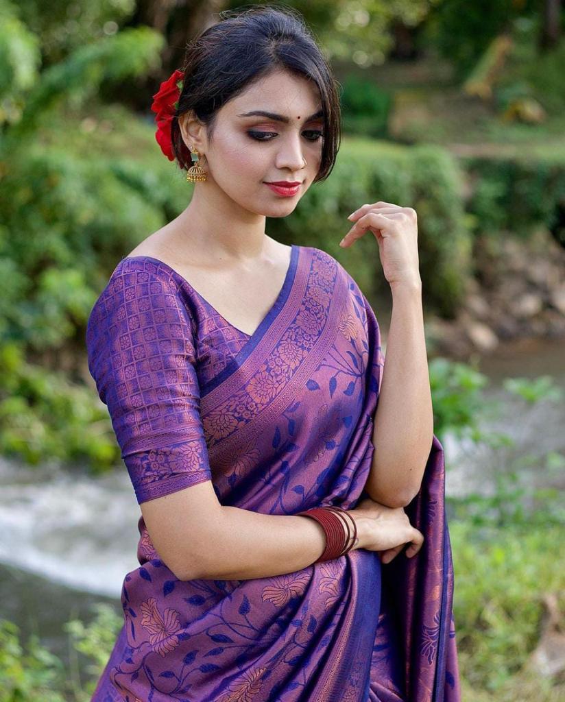 Runglory Purple Kanjivaram Silk Saree with Pure Zari Weaving