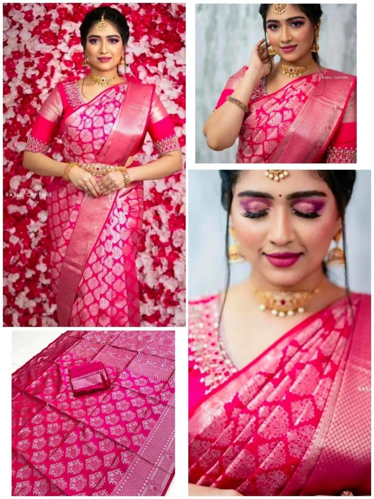 Runglory Regal Pink Banarasi Litchi Silk Saree