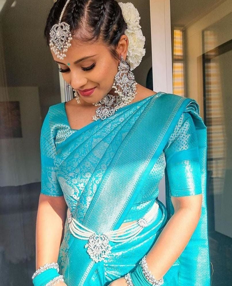 Runglory Sky Blue Woven Kanjivaram Saree
