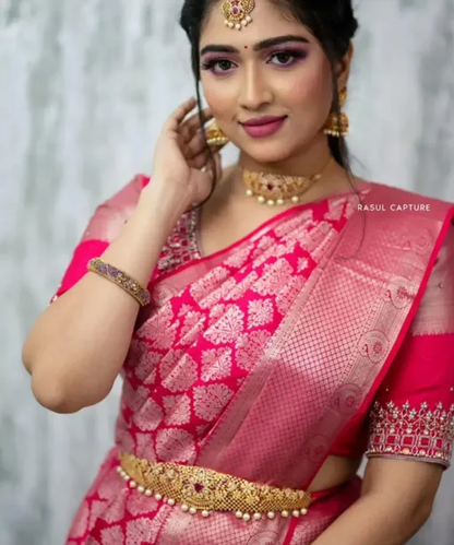 Runglory Regal Pink Banarasi Litchi Silk Saree