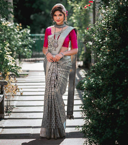 Runglory Grey Banarasi Saree with Pink Blouse