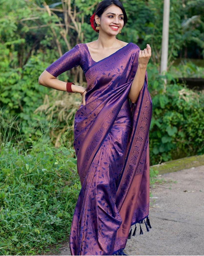 Runglory Purple Kanjivaram Silk Saree with Pure Zari Weaving