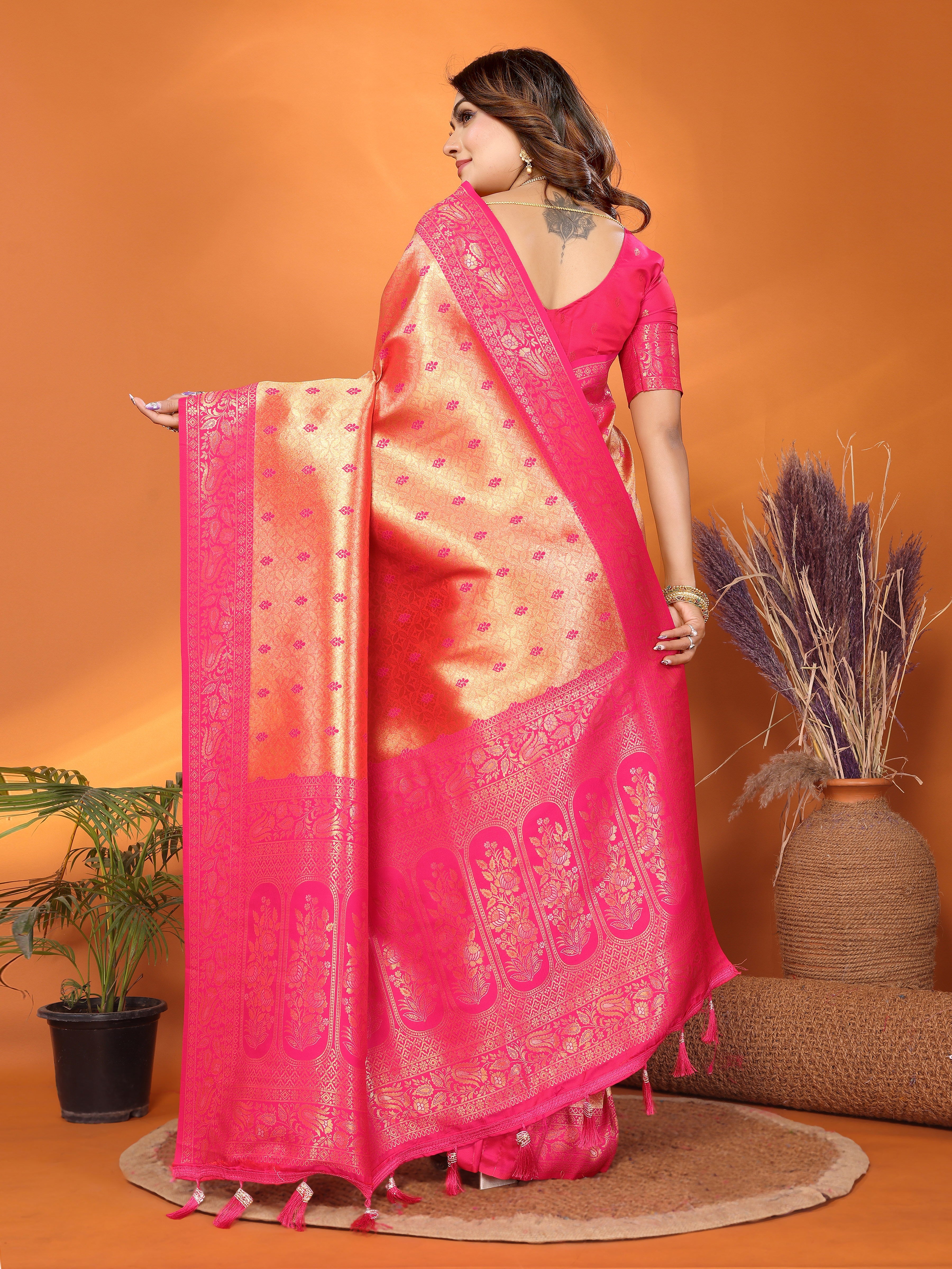 Runglory Vibrant Pink Tissue Silk Saree with Zari Border