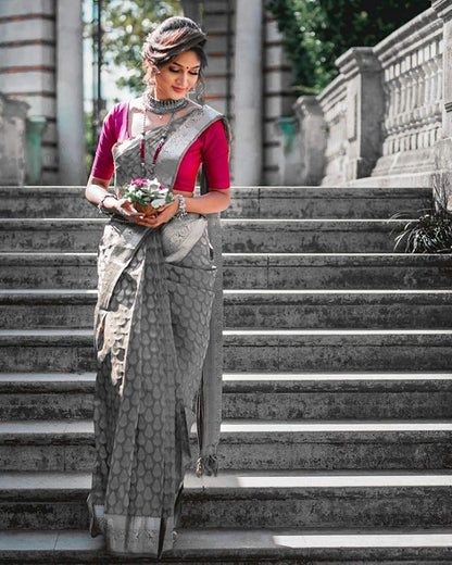 Runglory Grey Banarasi Saree with Pink Blouse