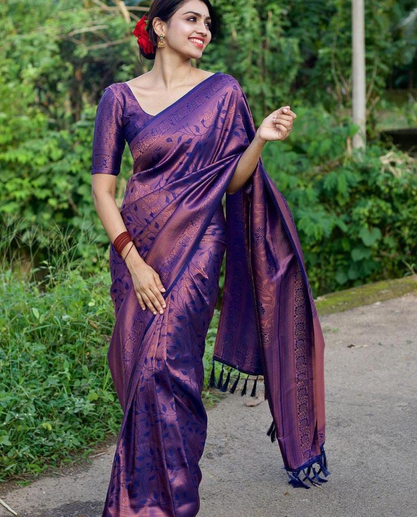 Runglory Purple Kanjivaram Silk Saree with Pure Zari Weaving