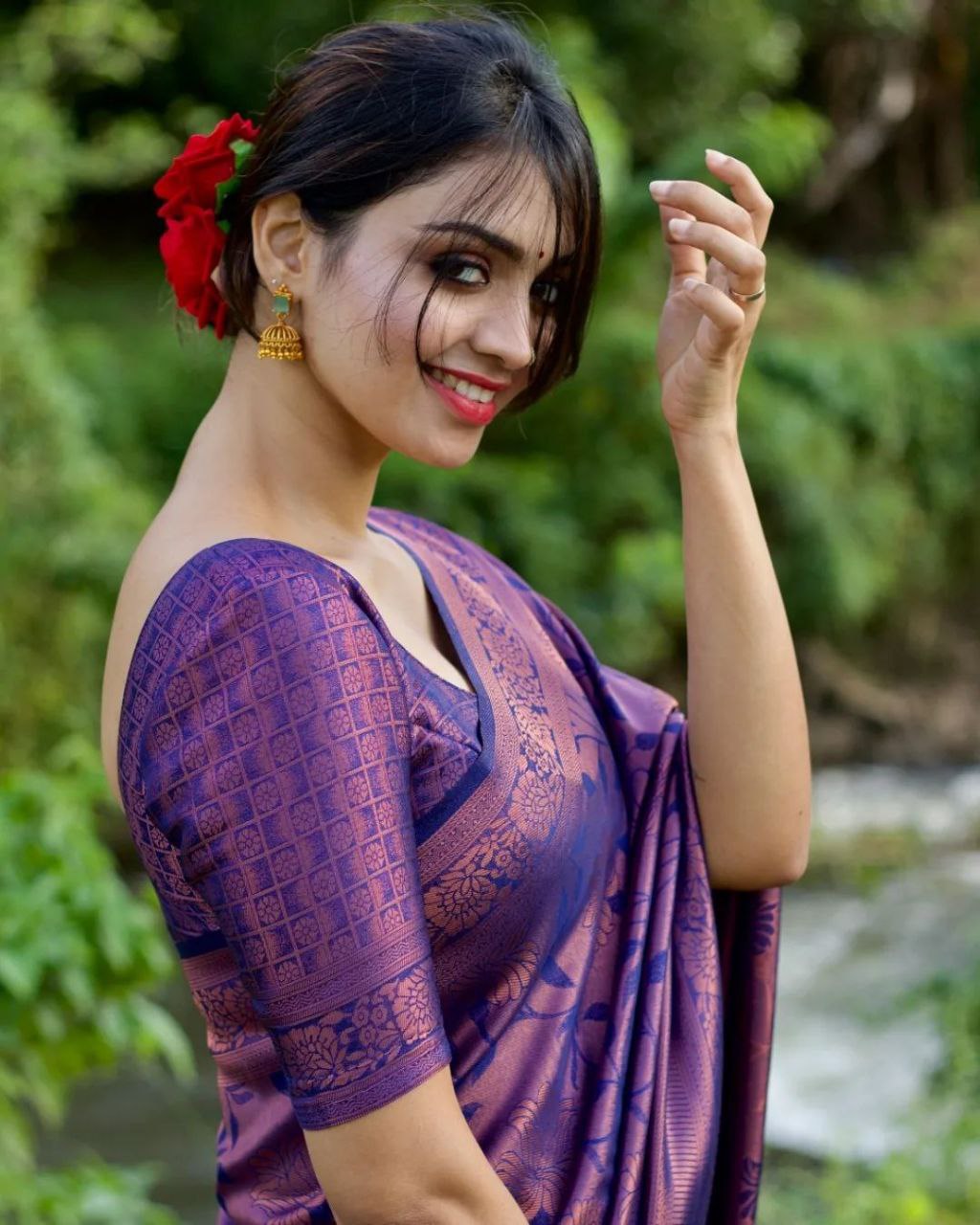 Runglory Purple Kanjivaram Silk Saree with Pure Zari Weaving