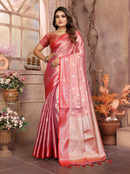 Runglory Elegant Pink Tissue Silk Saree with Golden Zari Weave