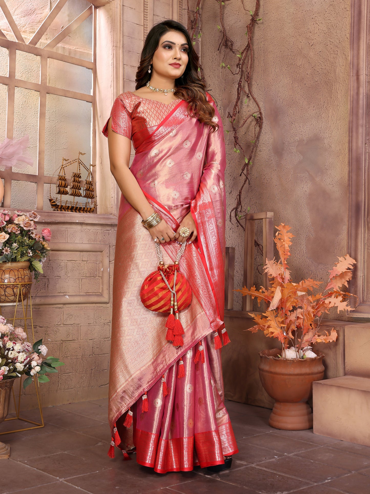 Runglory Elegant Pink Tissue Silk Saree with Golden Zari Weave