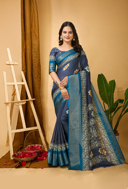 Runglory Blue Dola Silk Saree with Contrast Border