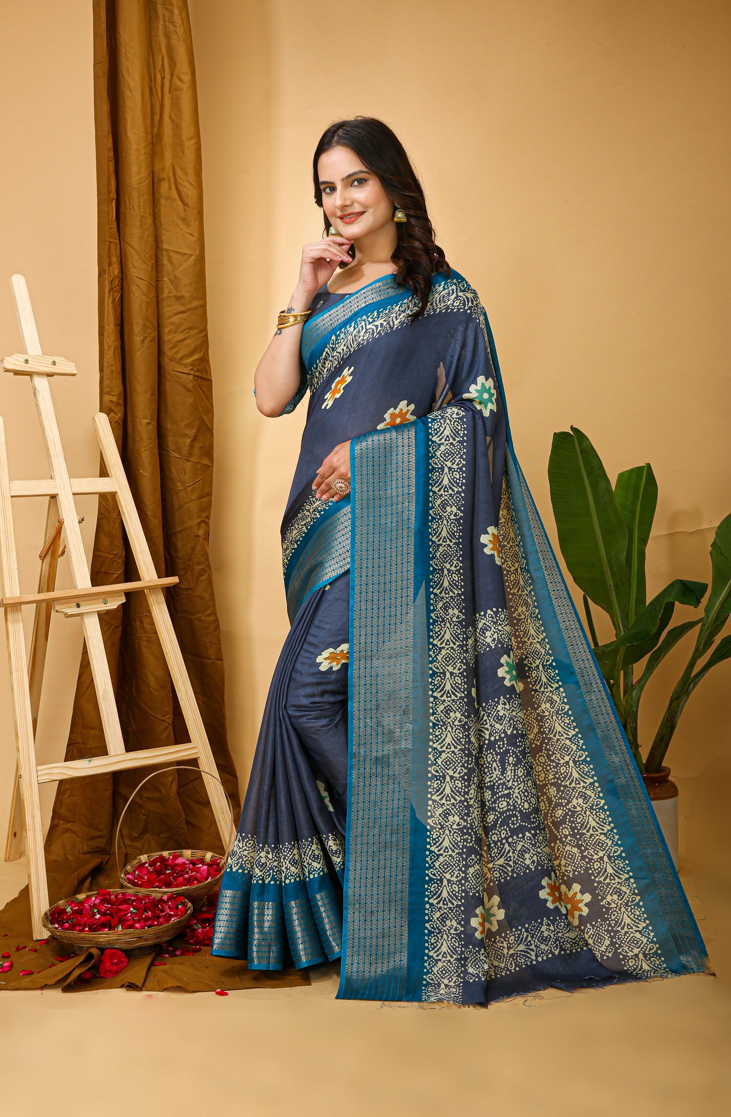 Runglory Blue Dola Silk Saree with Contrast Border