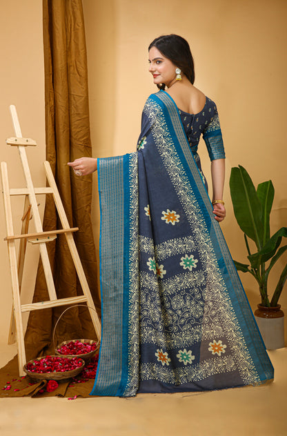 Runglory Blue Dola Silk Saree with Contrast Border