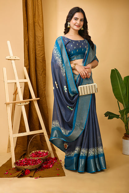 Runglory Blue Dola Silk Saree with Contrast Border