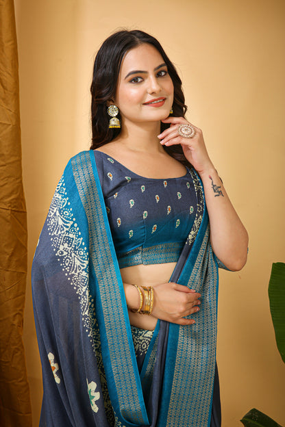 Runglory Blue Dola Silk Saree with Contrast Border
