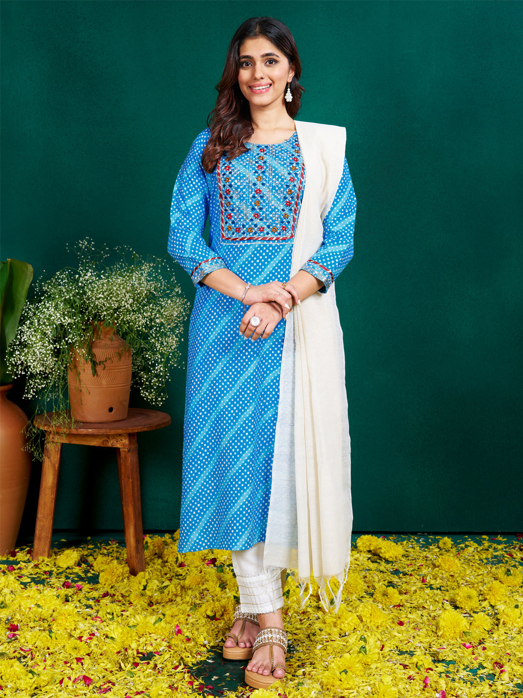 Designer Kurti Pant Set with Fancy Dupatta - Festive Wear