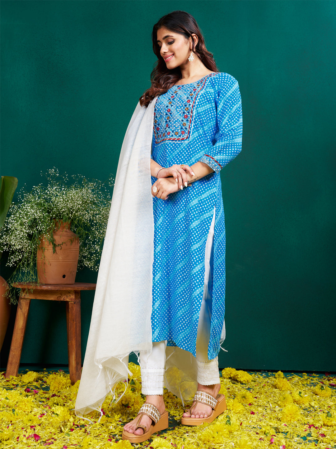 Designer Kurti Pant Set with Fancy Dupatta - Festive Wear