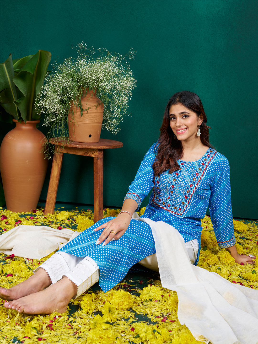 Designer Kurti Pant Set with Fancy Dupatta - Festive Wear