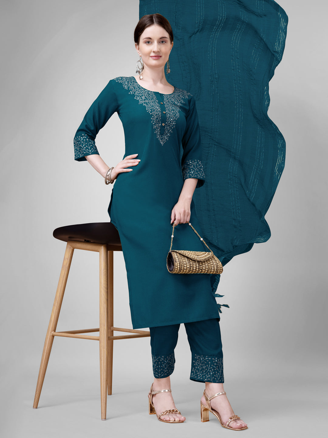 Kurti Set for Women with Fancy Dupatta - Stitched Ethnic Suit Combo
